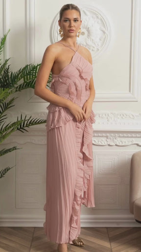 Vestido Sexy Assimétrico e Decote nas Costas – Sem Mangas, Com Babados, Cintura Alta e Modelagem Slim